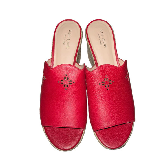 Kate Spade New York  Tia Cherry Red Leather Espadrilles Sz 10 Wedge Sandal - Picture 1 of 13